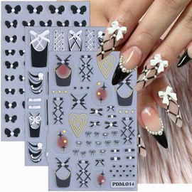 3 Sheets Cute Bow Nail Stickers Self-Adhesive French Tip Nail Art Stickers 5D Embossed Black White Ballet Bowknot Star Pearl Design Nail Art Supplies Lace Nail Decals for Women Girls Acrylic Nails