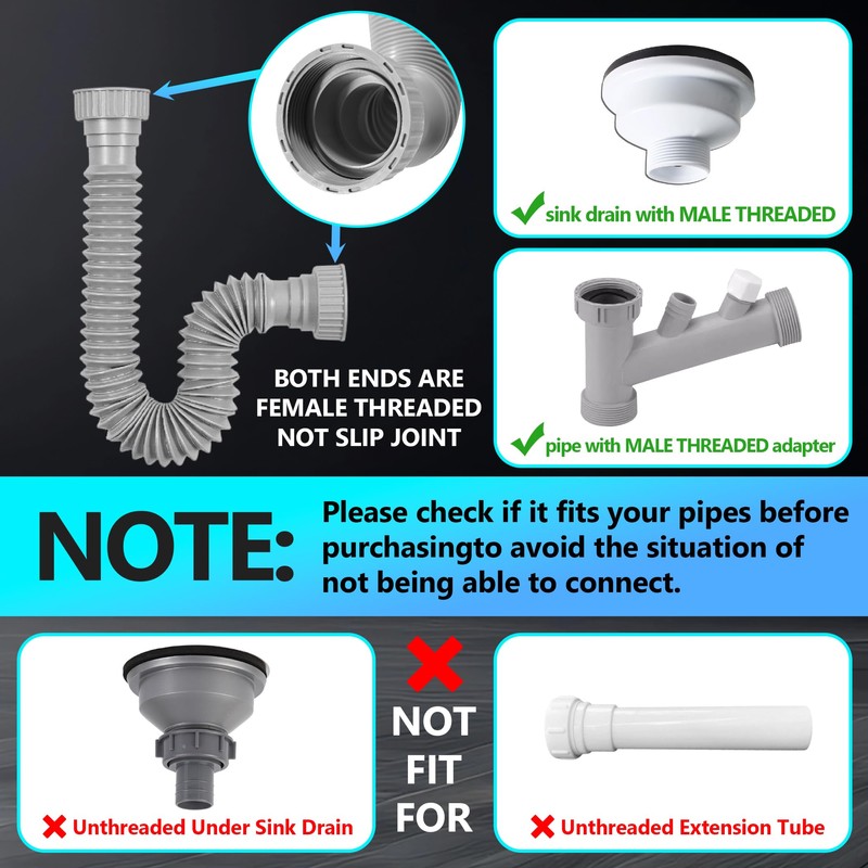 Rackickyer Sink Drain Pipe Kit, 2 Pack Flexible Drain Pipe