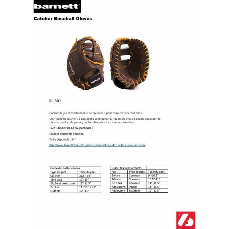 barnett GL-301 reg competition 1er baser baseball glove, genuine leather,