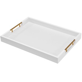 Nitinol Rectangular 18×14 Inch White Wood Ottoman Serving Tray with Metal Handles Decorative Wooden Large Faux Leather Coffee Table Organizer Tray for All Occasions White