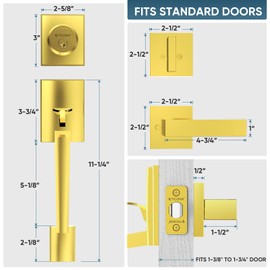 TICONN Double Front Door Handle Set, Heavy Duty Square Door Lever and Single Cylinder Deadbolt Combo for Side by Side Entrance Exterior Doors (Polished Brass)