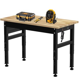 48" Adjustable Workbench, Multifunctional Heavy Duty Workbench, Rubberwood Countertop for Garage, Office, Workshop