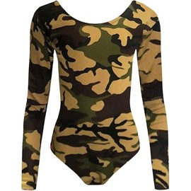 Girls Multi & Army Print Long Sleeve Gymnastics Leotard Stretch Microfiber Dance Bodysuit Top Perfect for Trendy Kids (Ages 3-13 Years) Comfortable & Stylish Activewear (Army, 11-12 Years)