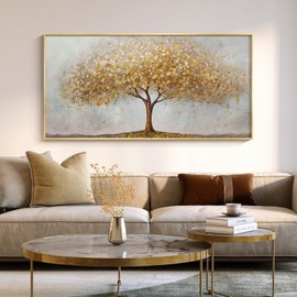 Tree of Life Wall Art for Living Room - Big Gold Framed Canvas Artwork for Walls, Large Textured Paintings with Gold Frame, Pictures for Bedroom, Dining Room, Office Wall Decor - 24" x 48"
