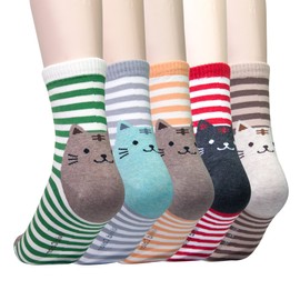 KONY 5 Pack Women's Cute Animal Socks Cotton Cat Dog Duck Patterned Novelty Fun Crew Socks Gift Size 6-9 (Striped Cats)
