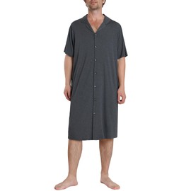 Latuza Men's Bamboo Viscose Nightshirt Button Down Sleep Shirt, Dark Gray, Medium