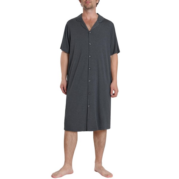 Latuza Men's Bamboo Viscose Nightshirt Button Down Sleep Shirt, Dark
