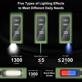 EDC Flat Flashlight High Lumens, Rechargeable Pocket Light with White/Warm LED, UV, Gream Beam, Flash Combo, 4 Bright Modes, Double Magnetic Base, for Outdoors, Emergency, Work, Detection (Green)