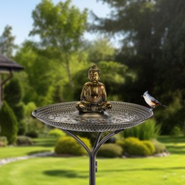 Good Directions Free Standing Pewter Copper Tranquility Bird Bath with Buddha Statue for Outside Backyard, Outdoor, Patio, Garden, Birdbath Feeder Gift for Bird Lovers Watchers, Large 20" Metal Bowl