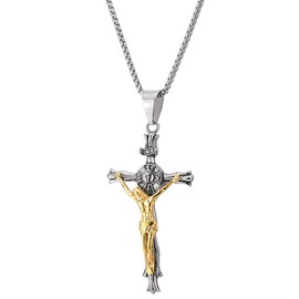 COOLSTEELANDBEYOND Steel Jesus Christ Crucifix Cross Pendant Necklace for Men, Silver Gold, 30 inches Wheat Chain