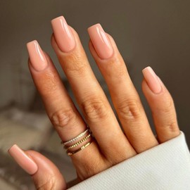 KQueenest Acrylic Press on Nails Long Square, Nude Pink False Nails Long Medium Coffin, Glossy Natural Solid Color Fake Nails Set, Reusable Gel Stick on Nail for Women Finger Daily Wear 24 Pcs