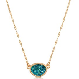 Humble Chic Collar con colgante de drusa de imitación para mujer con piedra ovalada brillante, cadena de tono dorado, plata u oro rosa, 16 pulgadas con extensor de 3 pulgadas, Metal, Sin piedra preciosa