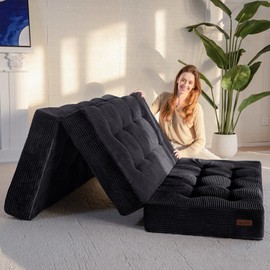 MAXYOYO Tri-Fold Mattress, 6 Inch Tufted Folding Mattress Full Foam Bed, Foldable Floor Mattress Guest Bed Mattress Topper Portable Camping Sleeping Bed with Corded Fabric, Black, 53"x75"