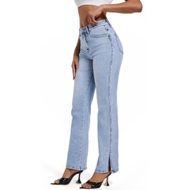 ETTELO Womens Jeans Hig Waisted Straight Leg Loose Stretchy Tummy Control Trendy Side Slit Jeans for Women 2025 Light Blue