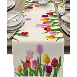 Avoik Table Runner Summer Flowers Table Runner Spring Modern Living Room Abstract Tablecloth Linen Tulips Table Runner Non-Slip Table Runner Decoration for Dining Room Party Holiday 33 x 180 cm,