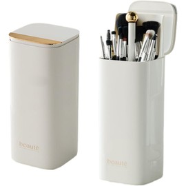 ACSTORi Waterproof Dustproof Makeup Brushes Organizer With Portable Covered Cap Manual Press Lift Makeup Brush Holder With Lid For Vanity Desktop Bathroom Countertop White (White)