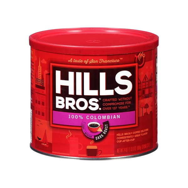 Hills Bros Dark Roasted 100% Premium Colombian Arabica Ground Coffee Beans, Smooth Balanced Flavor, 24 Oz