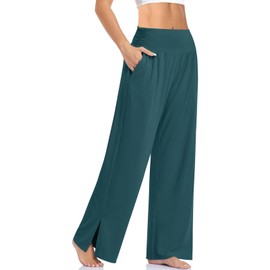 UEU Womens Wide Leg Yoga Pants High Waisted Adjustable Joggers Casual Loose Fit Lounge Pjs Sweatpants with Pockets- 28" Inseam (Malachite Green, S)