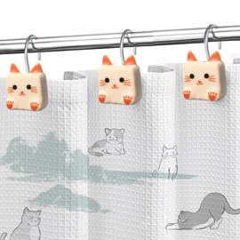 Cat Shower Curtain Hooks, Funny Animal Shower Curtain Hooks Rings Decorative Cute Square Cat Bathroom Decor