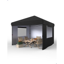 10'x10' Pop up Canopy Tent with 210 D Oxford Fabric, Portable Instant Commercial Canopy Including 3Pcs Sidewalls 4 Stakes 4 Ropes 4 Sandbags for Farmers' Market, Patio, Outdoor Event, Camping-Black