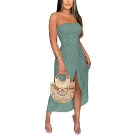 CHICME Women's Strapless Maxi Bodycon Dresses Wrap Asymmetrical Beach Maxi Long Dress Beach Sunset Dress Green-M