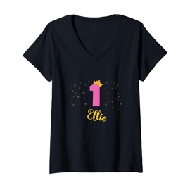 Womens ELLIE First Birthday Novelty Girls Custom Name V-Neck T-Shirt