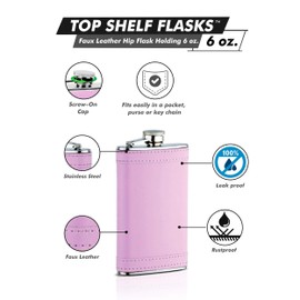 Leather Like Wrapped Hip Flask Holding 6 oz - Pocket Size, Stainless Steel, Rustproof, Screw-On Cap - Pink Finish Perfect for Engraving - Gift Box Included