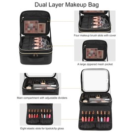 Relavel Makeup Bag with LED Mirror, Travel Makeup Case with Rechargeable Lighted Mirror 3 Color Lights, Dual Layer Cosmetic Box Makeup Brush Lipstick Holder Organizer for Women, Leather Black