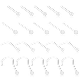 Yolev 20 Pcs Clear Nose Stud, 4 styles of Acrylic Nose Retainers Invisible Nose Septum Ring Clear Nose Studs Rings Lip Cartilage Tongue Belly Eyebrow Tragus Earring Barbell for Work