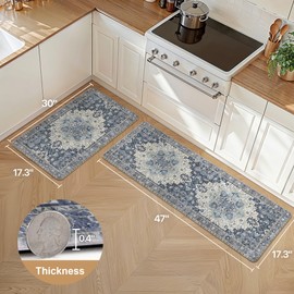 GENIMO Kitchen Mats for Floor 2PCs, Washable Anti Fatigue Mat for Cushioned, 17.3"x47"+17.3"x30", Waterproof Kitchen Rugs, Non Slip Comfort Standing Mat Rug for Home, Sink, Laundry, Center Blue