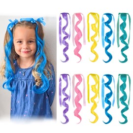 Z-CHARMMY Colored Curly Hair Extensions with Fabric Ribbon, Wavy Wrap Around Colorful Hair Extensions for Kids, Tie-in Princess Ponytail for Girls, 5 Color, 10 Pieces