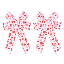 Hying 2 PCS Valentine's Day Bows for Wreath, Valentines Wreath Bows Red Heart Bows Holiday White Burlap Gift Bow for Front Door Valentines Decorations Birthday Wedding Party Supplies