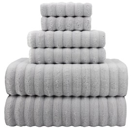 YTYC 29x59 Inches Extra Large Bath Towels Set for Bathroom Luxury Super Soft Absorbent Stripe Hanging Loop Microfiber Towels 2 Bath Towels 2 Hand Towels 2 Washcloth Towels (Grey, 6 Pieces)