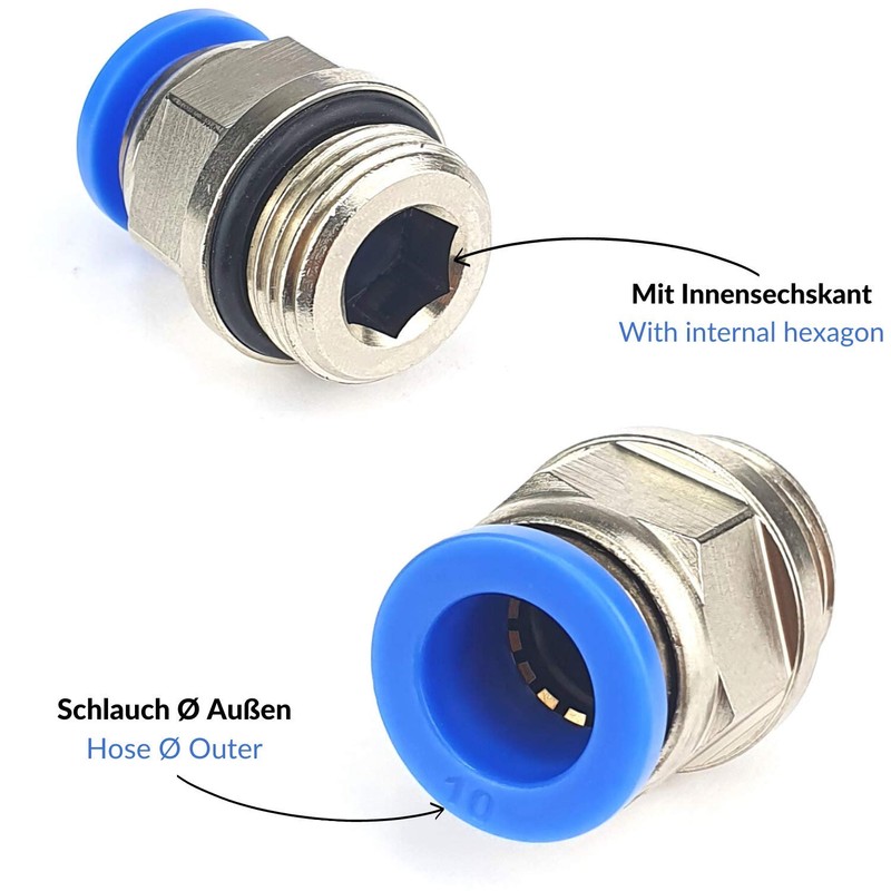 Straight male connector, quick connector, push in