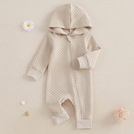 BemeyourBBs Newborn Baby Boy Girl Fall Winter Clothes Zipper Hooded Romper Cute Long Sleeve Jumpsuit Warm One Piece Outfit (Solid Beige, 9-12 Months)