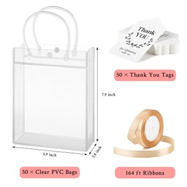 mauproy 50 Pack Clear Plastic Gift Bags with Handles, Party Favor Bags with Ribbons and Tags, Reusable Goodie Tote Bags for Wedding Baby Shower Mother's Day (5.9” x 7.9” x 2.8")