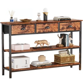 Furologee Long 47" Console Sofa Table with 3 Drawers, Entryway Table with 3-Tier Storage Shelves, Industrial Display Shelf for Entry Way, Hallway, Couch, Living Room, Kitchen, Foyer, Rustic Brown