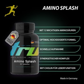 TRU Sports Nutrition | Amino Splash - 90 Tabletten - Aminosäuren-Komplex - enthält 13 elementare Aminosäuren - Hochdosiert - 100% Vegan | Herstellung & Laborprüfung in Deutschland