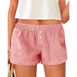 BTFBM Striped Boxer Shorts for Women 2025 Summer Elastic Waist Y2k Vacation Beach Bottoms Lounge Sleep Pj Pajama Shorts(Red White, Small)