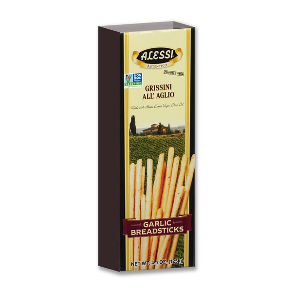 Alessi Imported Breadsticks, Garlic Autentico Italian Crispy Bread Sticks, Low Fat Made with Extra Virgin Olive Oil, 4.4oz (Garlic, 4.4 Ounce (Pack of 10))