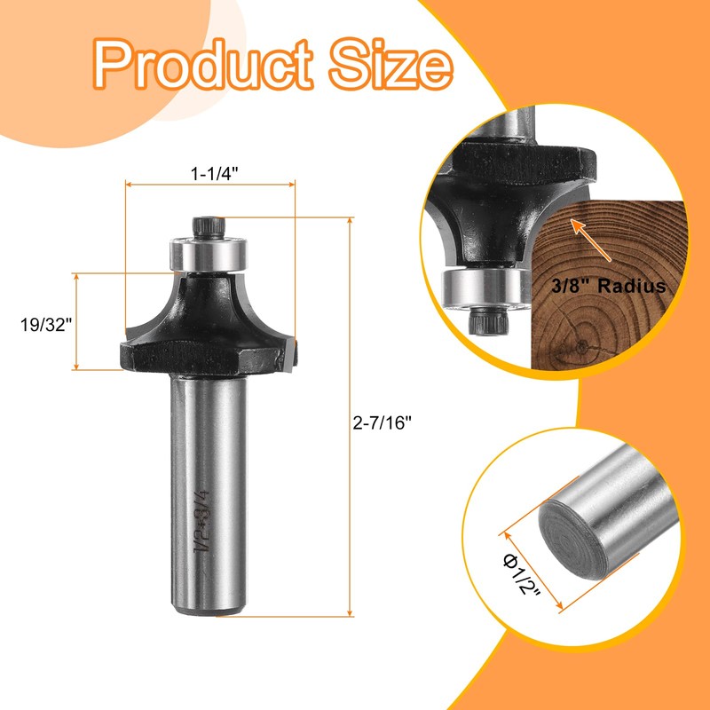 sourcing map Roundover Router Bit 1/2" Shank 3/4" Cut Diameter