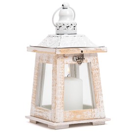 Rustikale Laterne aus Holz mit Glas und Metalloberseite | dekorativ | Shabby Chic / Farmhouse Stil | Dekorativer Kerzenhalter für Innen und Außen | Weiß oder dunkles Holz | Höhe 24,5 cm (weißes Holz)