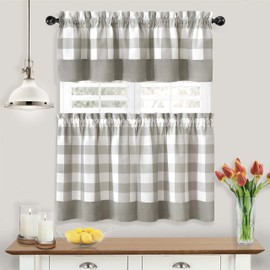 GoodGram Modern Country Farmhouse 3 Piece Buffalo Plaid Checkered Cafe Kitchen Curtain Tier & Valance Set - Assorted Colors & Sizes (Gray, 36 in. L)