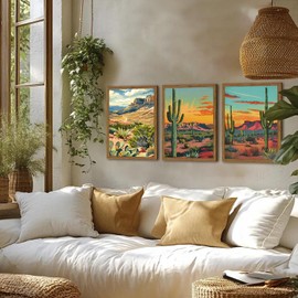 Framed Desert Landscape Wall Art Set of 3, Vintage Mexican Cactus Wall Decor Paintings, Boho Southwestern Mountain Plant Pictures Canvas Prints for Living Room Bedroom Bathroom Office 16x24 inch