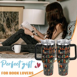 Rcvlauf Plant Lover Gifts Bookshelf Tumbler with Handle & Straw Book Lovers Coffee Travel Mugs 40 oz Insulated Cup Gifts for Gardeners,Plantaholic,Plant Lady Readers,Bookish