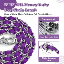 LUFFWELL Heavy Duty Metal Dog Leash, Chew Proof Dog Chain Leash with Comfortable PU Leather Padded Handle, Metal Chain and Nylon Rope Dog Leash for Medium Large Dog Walking Training (4ft 3.5mm Purple)