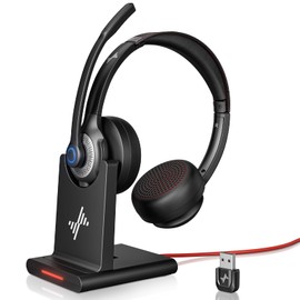 JIAMQISHI Wireless Headset with AI Noise Cancelling Microphone Bluetooth Headset - Bluetooth V5.2 Headphones with USB Dongle, Charging Base & Mic Mute for Computer/Laptop/PC/iPhone/Android/Cell Phones