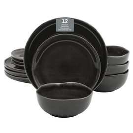 Gibson Soho Lounge Nardini 12 Piece (Service for 4) Plates and Bowls Reactive Glaze Dishes Stoneware Ceramic Dinnerware Set - Black