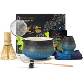 TEANAGOO Japanese Matcha Whisk (7pcs) Matcha Set Mtacha Kit Matcha Bowl with Pouring Spout Bamboo Matcha Whisk (Chasen) Scoop (chashaku) Matcha Whisk Holder.N33,Gradient Navy Black…