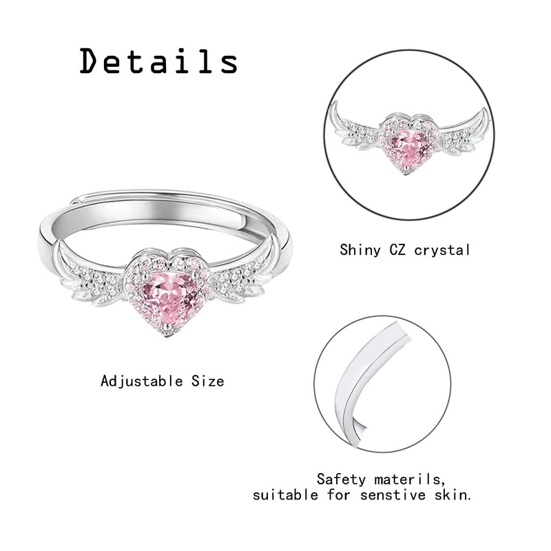 DkakoJew Women's Rings Adjustable Angel Wings Pink Ring Promise Ring